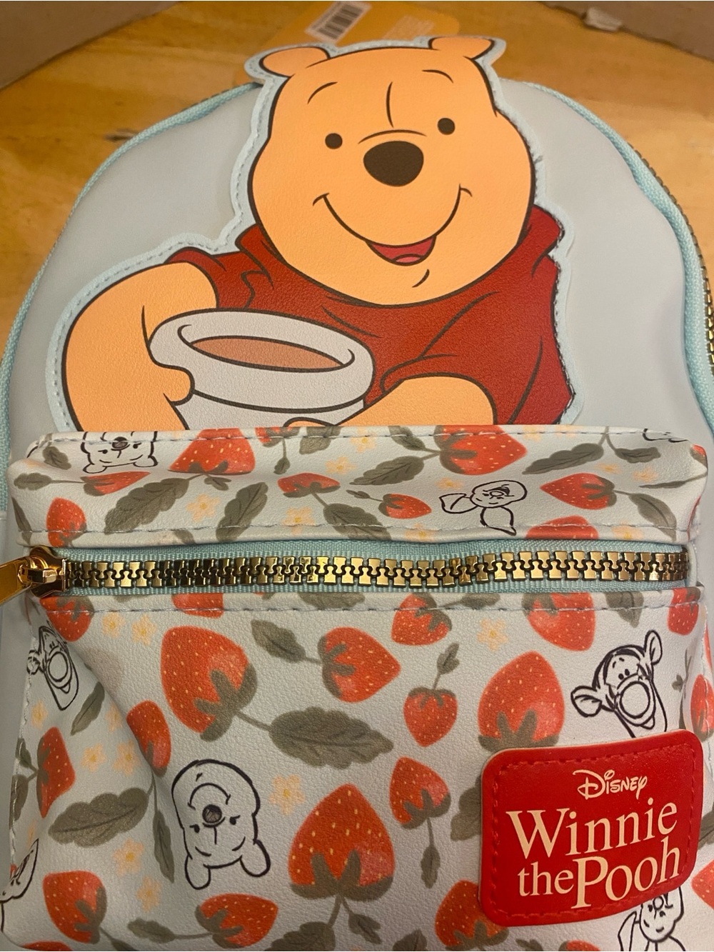 Disney Winnie the Pooh Blue mini Backpack w front zippered pocket w strawberries - Picture 7 of 7